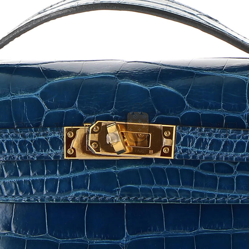 HERMES MASTER KELLY POCHETTE BLEU MYKONOS ALLIGATOR GOLD HARDWARE (22*14*7cm)